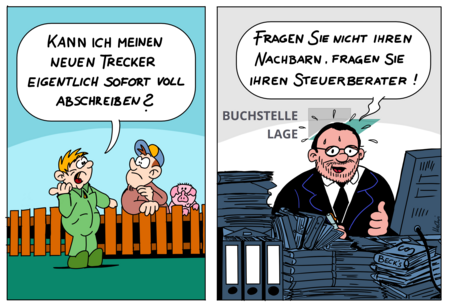 Cartoon von Hans-Christoph „HaChri“ Beermann: Bei steuerlichen Themen soll sich der Mandant an den Steuerberater wenden!